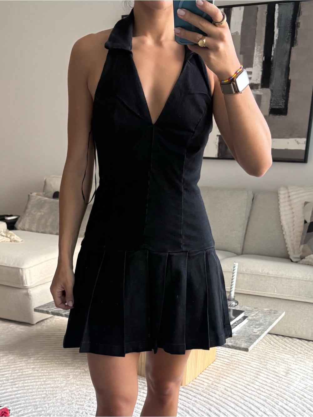 Black denim V-Neck Pleated Hem Women's Dress backless with collar